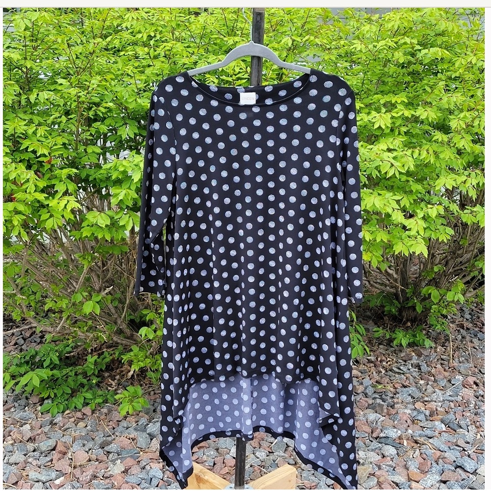 🦋CHICO’s black & silver SOLAR DOTS asymmetrical 3/4 sleeve tunic size 1